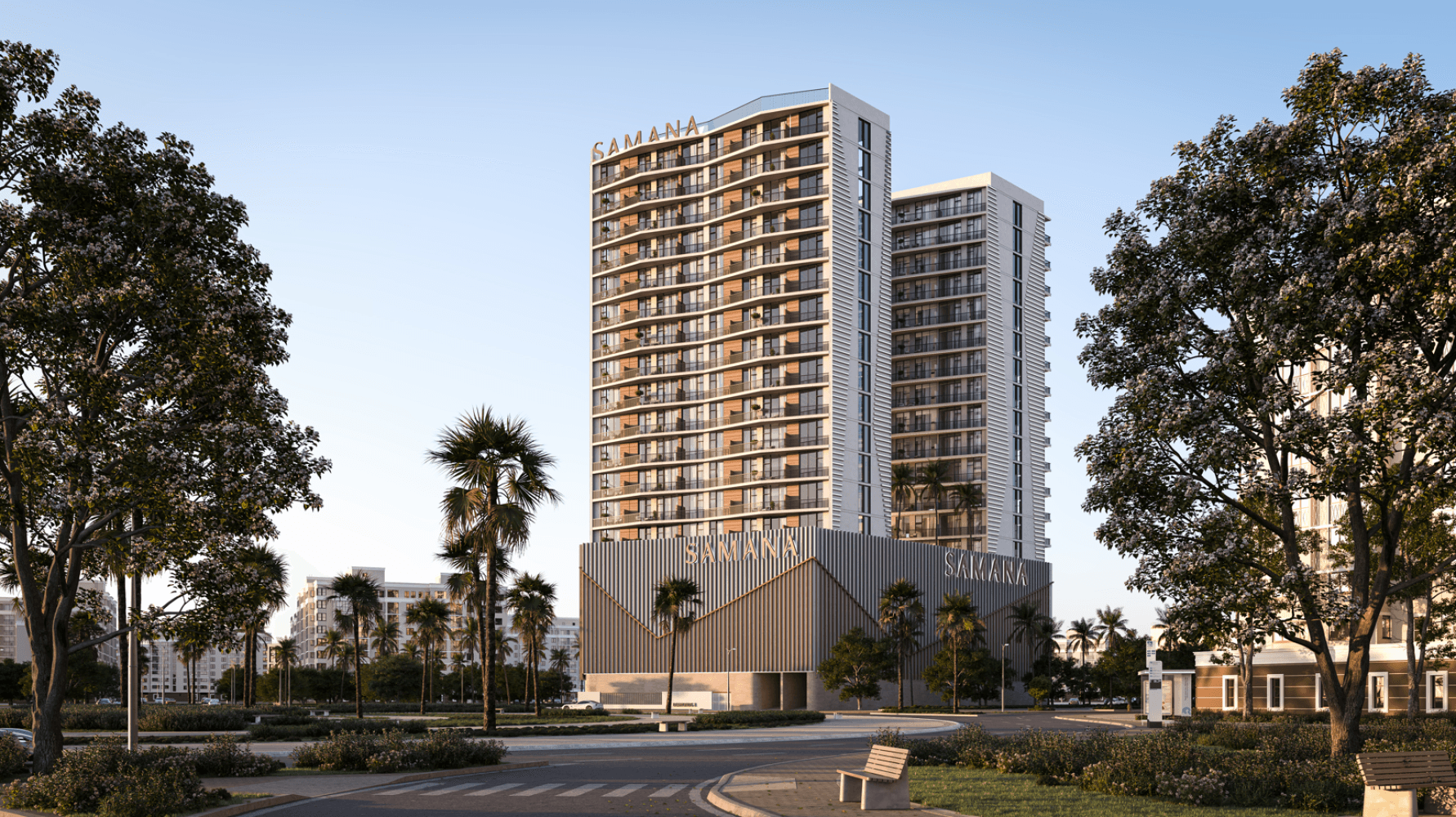 Samana Greenfield twin towers at dusk, Al Warsan