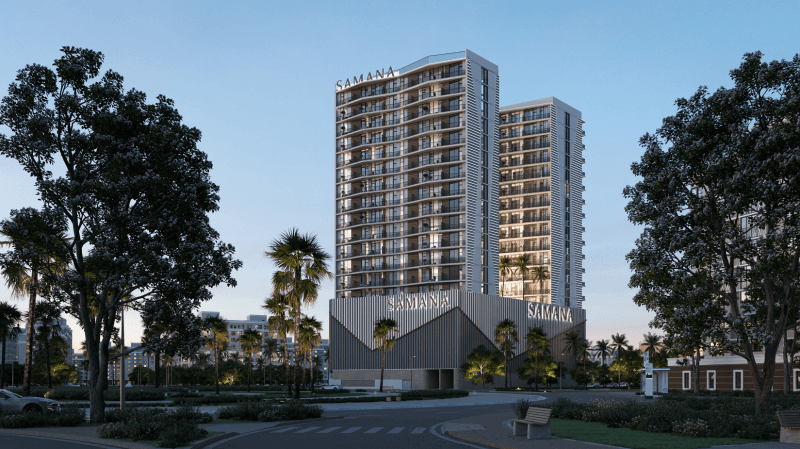 Samana Greenfield exterior at dusk
